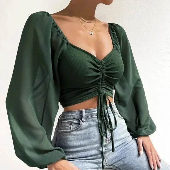 Dark Green Casual Women's Sweetheart Neck Drawstring Lantern Sleeve Crop Top - Picture 4 of 5